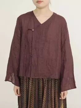 Johnature женские винтажные рубашки рами с v-образным вырезом и длинными рукавами на пуговицах, осенние блузки, осенние однотонные рубашки One Size темный кофе