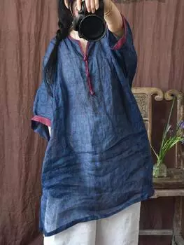 Johnature женские винтажные рубашки рами с верхним принтом и цветочным принтом на пуговицах, свободные блузки, летние длинные рубашки с семью рукавами в китайском стиле One Size синий