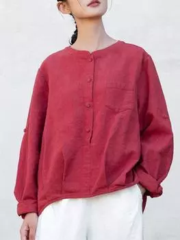 Johnature женские винтажные рубашки рами, топы, блузки с длинными рукавами и подставкой, однотонные весенние рубашки с карманами на пуговицах One Size чёрный