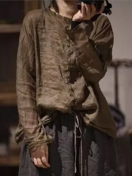 Johnature женские винтажные рубашки рами, топы, однотонные весенние блузки с круглым вырезом и длинными рукавами, свободные рубашки на пуговицах One Size белый