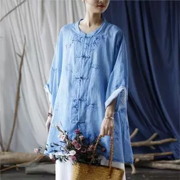 Johnature женские винтажные рубашки рами топы с цветочным принтом осенние блузки с рукавами-стойкой на пуговицах женские свободные рубашки One Size темно-розовый