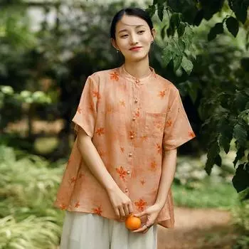 Johnature женские винтажные рубашки рами топы с короткими рукавами и пуговицами летние блузки с карманами рубашки с цветочным принтом