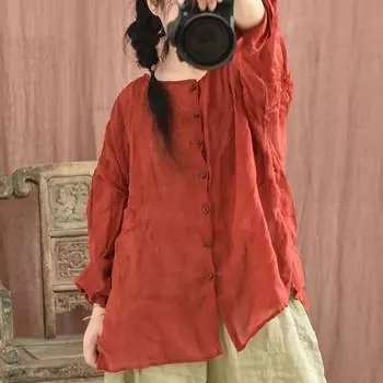 Johnature женские винтажные рубашки рами топы с круглым вырезом с длинным рукавом весенние однотонные женские рубашки на пуговицах блузки One Size темно-зеленого