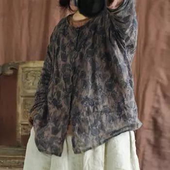 Johnature женские винтажные рубашки рами топы с круглым вырезом и длинными рукавами на пуговицах блузки высокого качества летние рубашки с цветочным принтом One Size