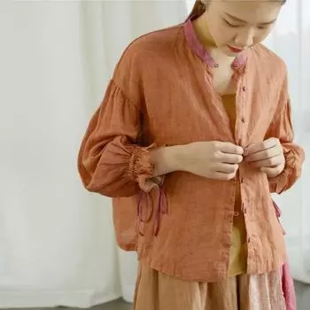 Johnature женские винтажные рубашки Ramie, однотонные блузки со стойкой и девятью рукавами, осенние женские рубашки на пуговицах в китайском стиле One Size оранжевый