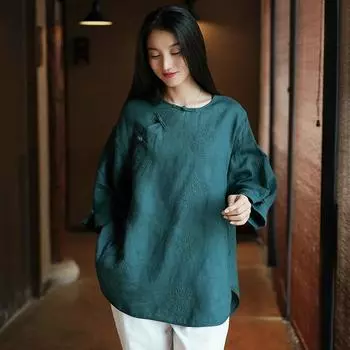 Johnature Женские винтажные рубашки с цветочной вышивкой, топы с круглым вырезом и длинным рукавом, блузки в китайском стиле, весенние рубашки M темно-синий