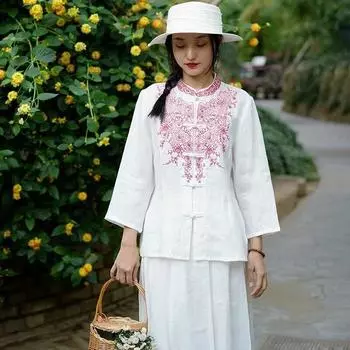 Johnature женские винтажные рубашки с цветочной вышивкой и девятью рукавами в китайском стиле, весенние женские рубашки на пуговицах, топы M синий