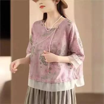 Johnature женские винтажные рубашки с цветочной вышивкой и круглым вырезом, топы с короткими рукавами, летние лоскутные женские футболки One Size