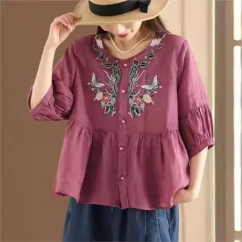 Johnature женские винтажные рубашки с цветочной вышивкой, топы с круглым вырезом, блузки с короткими рукавами, летние рубашки с высокой талией One Size светло-фиолетовый