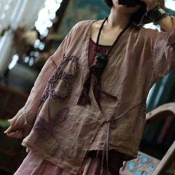 Johnature Женские винтажные вышитые цветочные рубашки с V-образным вырезом и длинным рукавом в китайском стиле Блузки Топы Весенние рубашки One Size розовый