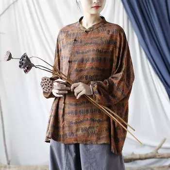 Johnature женские винтажные рубашки с цветочным принтом, осенние хлопковые льняные топы, блузки с длинными рукавами и стойкой, свободные рубашки на пуговицах M кофейный