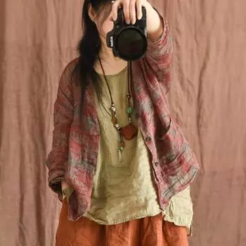 Johnature женские винтажные рубашки с цветочным принтом Ramie, весенние топы с v-образным вырезом и длинными рукавами, карманы на пуговицах, женские рубашки One Size темно-красного