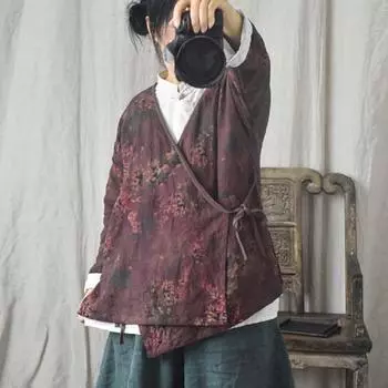Johnature женские винтажные рубашки с цветочным принтом, топы, блузки с v-образным вырезом и длинными рукавами, весенние бандажные женские рубашки в китайском стиле One Size темно-фиолетового