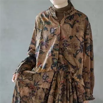 Johnature женские винтажные рубашки с цветочным принтом, топы, весенние блузки с длинными рукавами и пуговицами, женские хлопковые рубашки One Size темный кофе