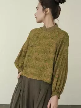 Johnature женские винтажные рубашки с цветочным принтом, топы, льняные весенние блузки с длинными рукавами и стойкой, рубашки на пуговицах в китайском стиле One Size кофейный