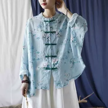 Johnature женские винтажные рубашки с цветочным принтом, топы, рукава-летучая мышь, пуговицы, блузки в китайском стиле, свободные женские рубашки One Size синий