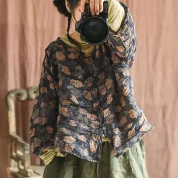 Johnature женские винтажные рубашки с цветочным принтом, топы Ramie, блузки высокого качества, весенние повседневные рубашки с круглым вырезом и длинными рукавами One Size серый