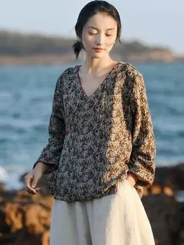 Johnature женские винтажные рубашки с цветочным принтом, топы с v-образным вырезом и длинными рукавами, блузки в китайском стиле, весенние женские рубашки