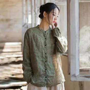 Johnature женские винтажные рубашки с цветочным принтом, топы и пуговицы, весенние блузки в китайском стиле с длинным рукавом, женские рубашки Ramie One Size зелёный