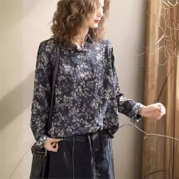 Johnature женские винтажные рубашки с цветочным принтом, топы, блузки с отложным воротником и длинными рукавами, весенние свободные рубашки на пуговицах