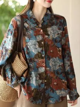 Johnature Женские рубашки с винтажным принтом и цветочным принтом, весенние рубашки с отложным воротником и длинным рукавом на пуговицах One Size кофейный