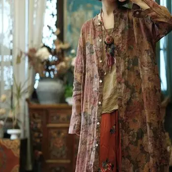Johnature женские винтажные рубашки с цветочным принтом-стойкой и длинными рукавами на пуговицах, весенние длинные рубашки трапециевидной формы в китайском стиле One Size