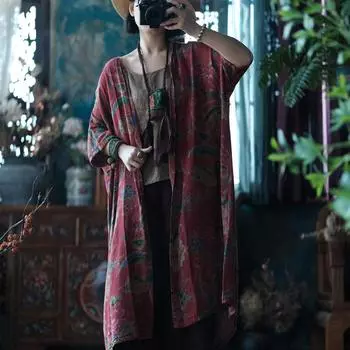 Johnature Женские рубашки с винтажным принтом и цветочным принтом, красные топы с семью рукавами, летние женские длинные блузки в китайском стиле One Size красный