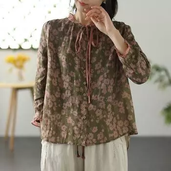 Johnature Женские винтажные рубашки с цветочным принтом и пуговицами Блузки с длинным рукавом Осенние женские рубашки в китайском стиле One Size