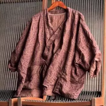 Johnature Женские винтажные рубашки с цветочным принтом и бандажным принтом, топы с V-образным вырезом, длинные рукава, льняные блузки, осенние женские рубашки One Size