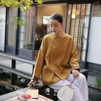 Johnature Женские винтажные рубашки с цветочным принтом, блузки с длинным рукавом и круглым вырезом, весенние рубашки в китайском стиле с пуговицами M темно-зеленого