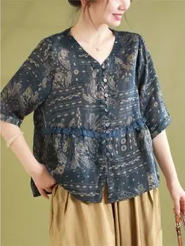 Johnature женские винтажные рубашки с цветочным принтом и v-образным вырезом, с половиной рукавом и пуговицами, летние блузки Ramie, женские рубашки в китайском стиле