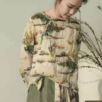 Johnature женские винтажные рубашки с цветочным принтом, топы, зеленые весенние блузки Ramie, женские рубашки с длинными рукавами One Size зелёный