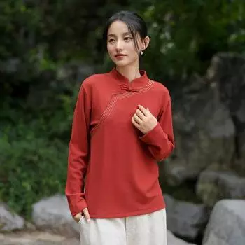 Johnature Женские винтажные рубашки с длинным рукавом Однотонные блузки Осенние женские топы в китайском стиле M