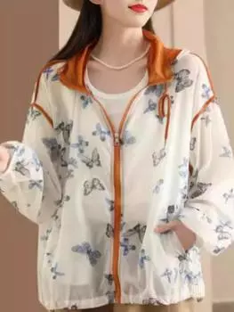 Johnature Женские винтажные рубашки с капюшоном на молнии, летние свободные топы с длинным рукавом и цветочным принтом, повседневные рубашки One Size розовый