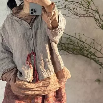 Johnature женские винтажные рубашки с капюшоном, однотонные лоскутные карманы, весенние мягкие блузки на пуговицах в китайском стиле темно-красного