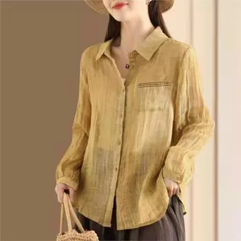 Johnature Женские винтажные рубашки с отложным воротником и длинными рукавами, весенние пуговицы, однотонные блузки, мягкие рубашки One Size хаки