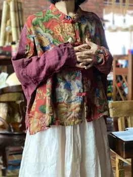 Johnature женские винтажные рубашки с принтом, топы с длинными рукавами и пуговицами, весенние блузки с рукавами «летучая мышь», свободные женские рубашки One Size красный