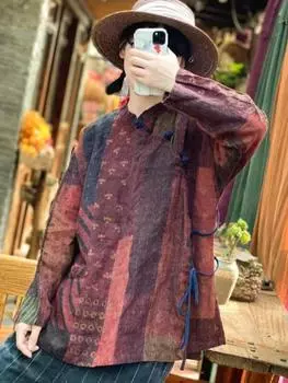 Johnature женские винтажные рубашки с принтом, топы, свободные блузки с длинными рукавами и стойкой, весенние рубашки с поясом на пуговицах в китайском стиле One Size разноцветный