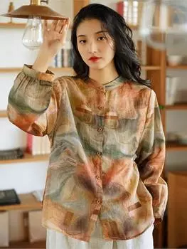 Johnature женские винтажные рубашки с принтом, топы, весенние блузки с длинными рукавами Ramie, одежда высокого качества, женская рубашка на пуговицах S королевский синий