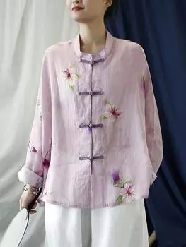 Johnature женские винтажные рубашки с рукавами «летучая мышь» осенние розовые блузки из рами с цветочным принтом и отложным воротником женские рубашки One Size розовый