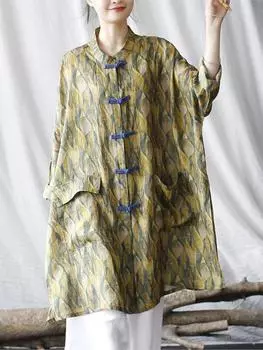 Johnature женские винтажные рубашки с рукавами «летучая мышь» с принтом рами, топы на пуговицах с цветочным принтом, осенние женские длинные рубашки со свободными карманами со стойкой