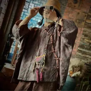 Johnature женские винтажные рубашки с рукавами «летучая мышь», топы, блузки с цветочным принтом и пуговицами, осенние свободные рубашки в китайском стиле One Size красный