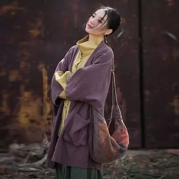 Johnature Женские винтажные рубашки с рукавами «летучая мышь» Топы с карманами в стиле пэчворк Весенние однотонные хлопковые блузки с V-образным вырезом One Size фиолетовый