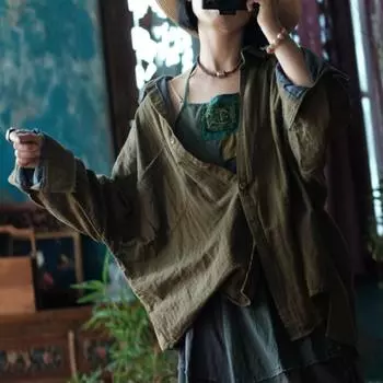 Johnature Женские винтажные рубашки с рукавами «летучая мышь», топы на пуговицах, осенние блузки с отложным воротником, рубашки в китайском стиле One Size зелёный
