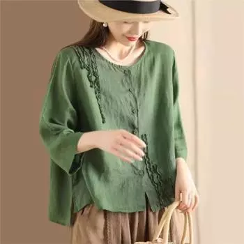 Johnature Женские винтажные рубашки с семью рукавами, топы, летние женские блузки с круглым вырезом высокого качества в стиле пэчворк, на пуговицах One Size красный