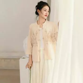 Johnature женские винтажные рубашки с вышивкой и цветочным принтом, однотонные топы на пуговицах с девятью рукавами, весенние блузки в китайском стиле M темно-розовый