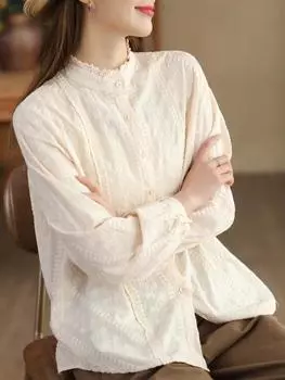 Johnature женские винтажные рубашки с вышивкой и цветочным принтом, топы с длинными рукавами и пуговицами, весенние блузки, однотонные рубашки One Size бежевый