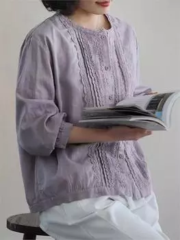 Johnature женские винтажные рубашки с вышивкой и цветочным принтом, топы, блузки с длинными рукавами и круглым вырезом, весенние однотонные рубашки на пуговицах One Size синий