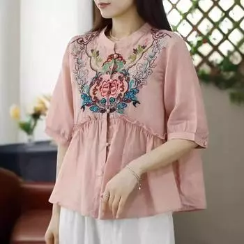 Johnature женские винтажные рубашки с вышивкой и цветочным принтом, топы, блузки с короткими рукавами и стойкой One Size легкие хаки