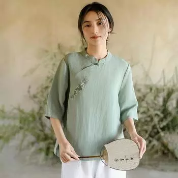 Johnature Женские винтажные рубашки с вышивкой и цветочной стойкой, топы с короткими рукавами, однотонные летние блузки в китайском стиле M оранжевый